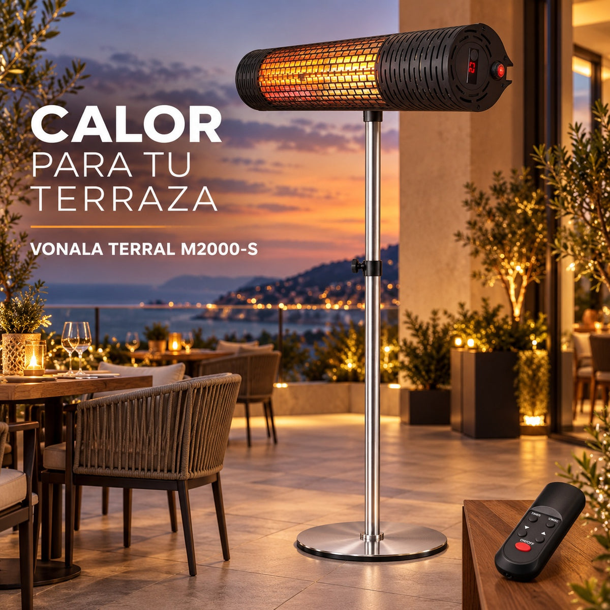 Calefactor Infrarrojo de Pie para Terrazas VONALA TERRAL M2000-S, 2000 W, Mando a Distancia, IPX5, Base Incluida