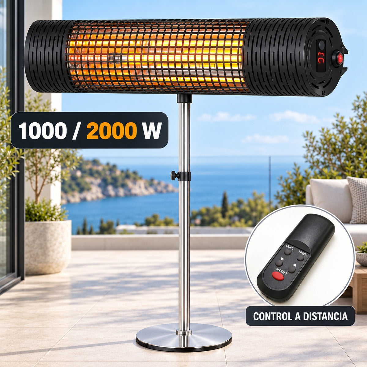 Calefactor Infrarrojo de Pie para Terrazas VONALA TERRAL M2000-S, 2000 W, Mando a Distancia, IPX5, Base Incluida