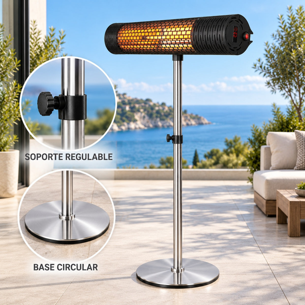 Calefactor Infrarrojo de Pie para Terrazas VONALA TERRAL M2000-S, 2000 W, Mando a Distancia, IPX5, Base Incluida