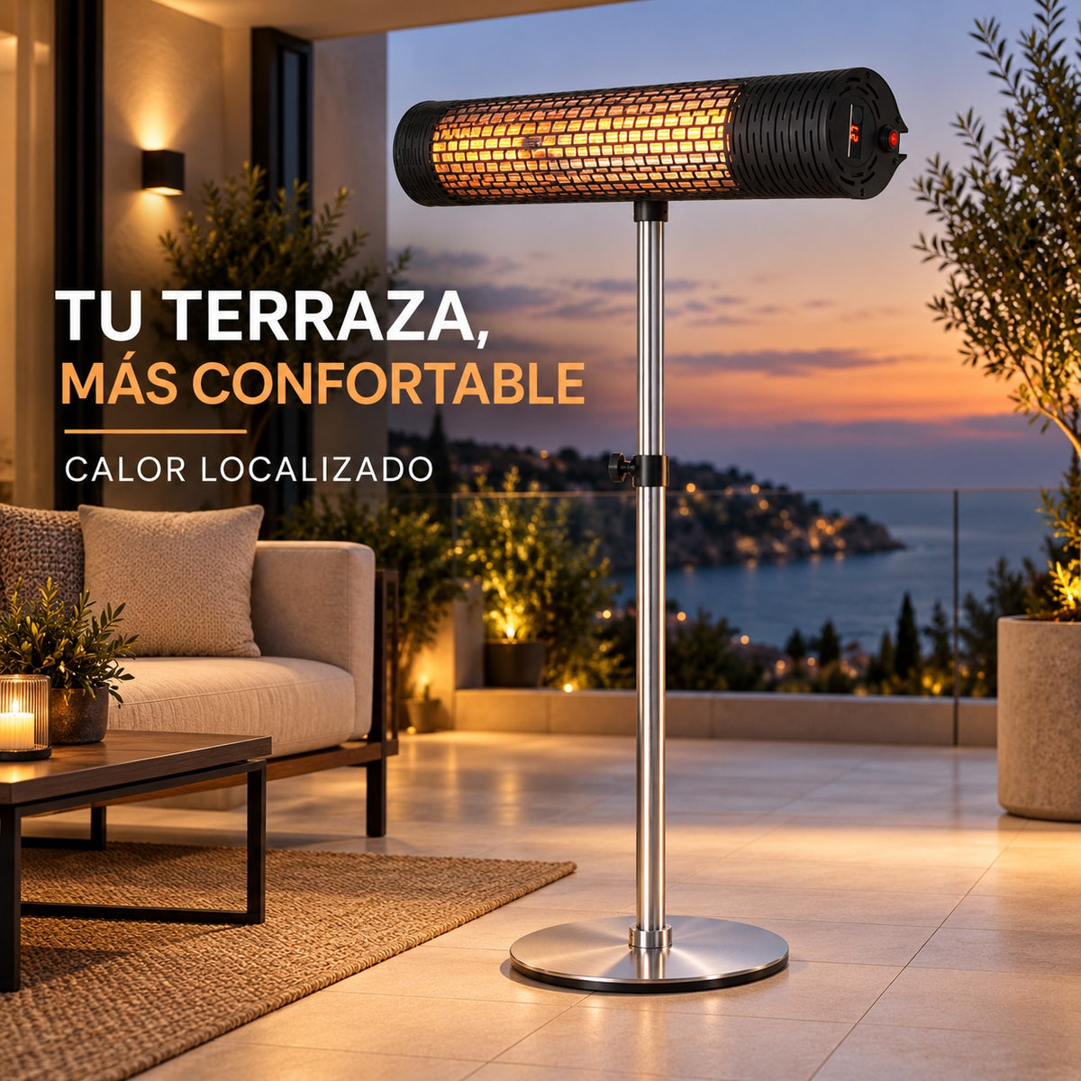 Calefactor Infrarrojo de Pie para Terrazas VONALA TERRAL M2000-S, 2000 W, Mando a Distancia, IPX5, Base Incluida