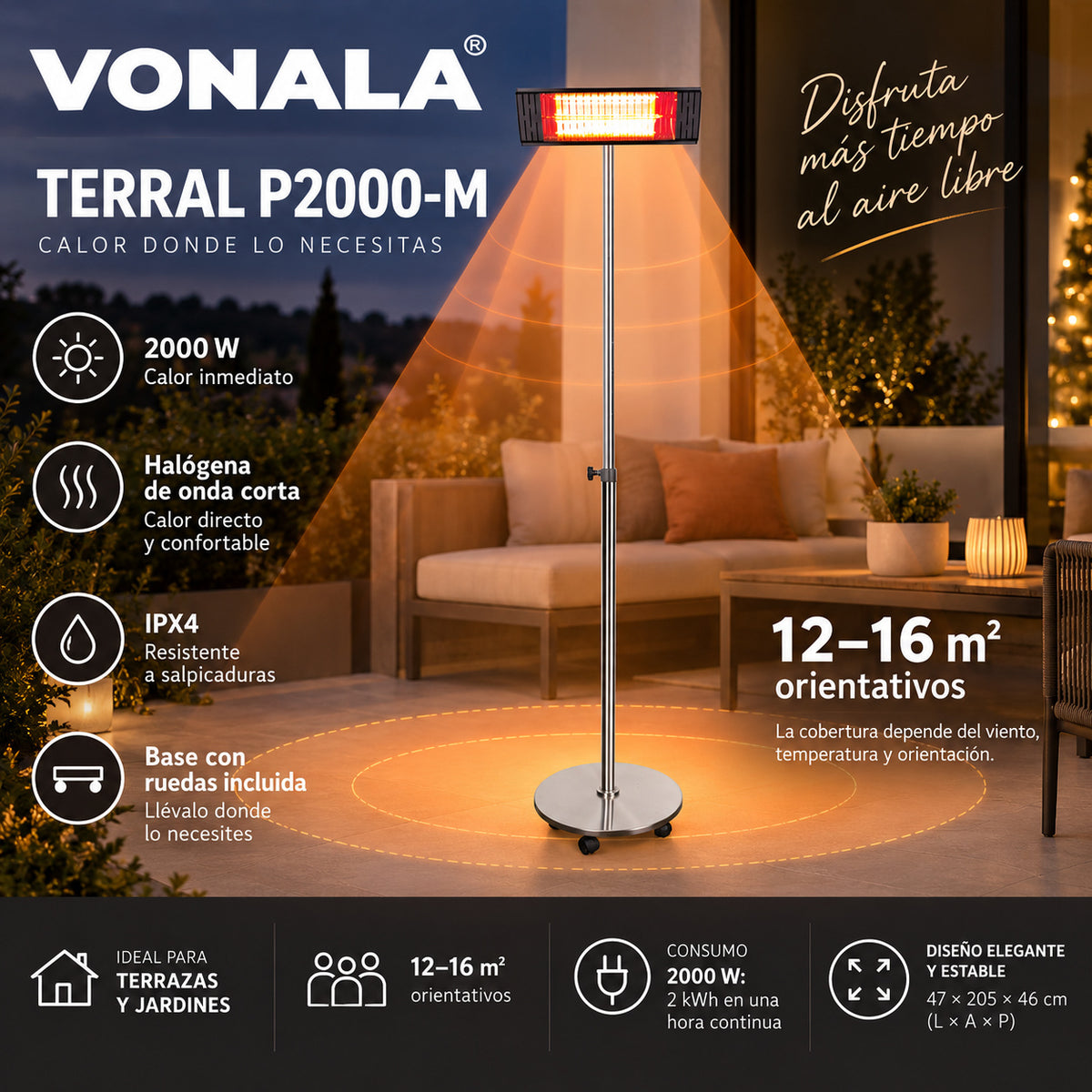 Calefactor Infrarrojo de Pie para Terrazas VONALA TERRAL P2000-M, 2000 W, Baja Luminosidad, IPX4, Base con Ruedas