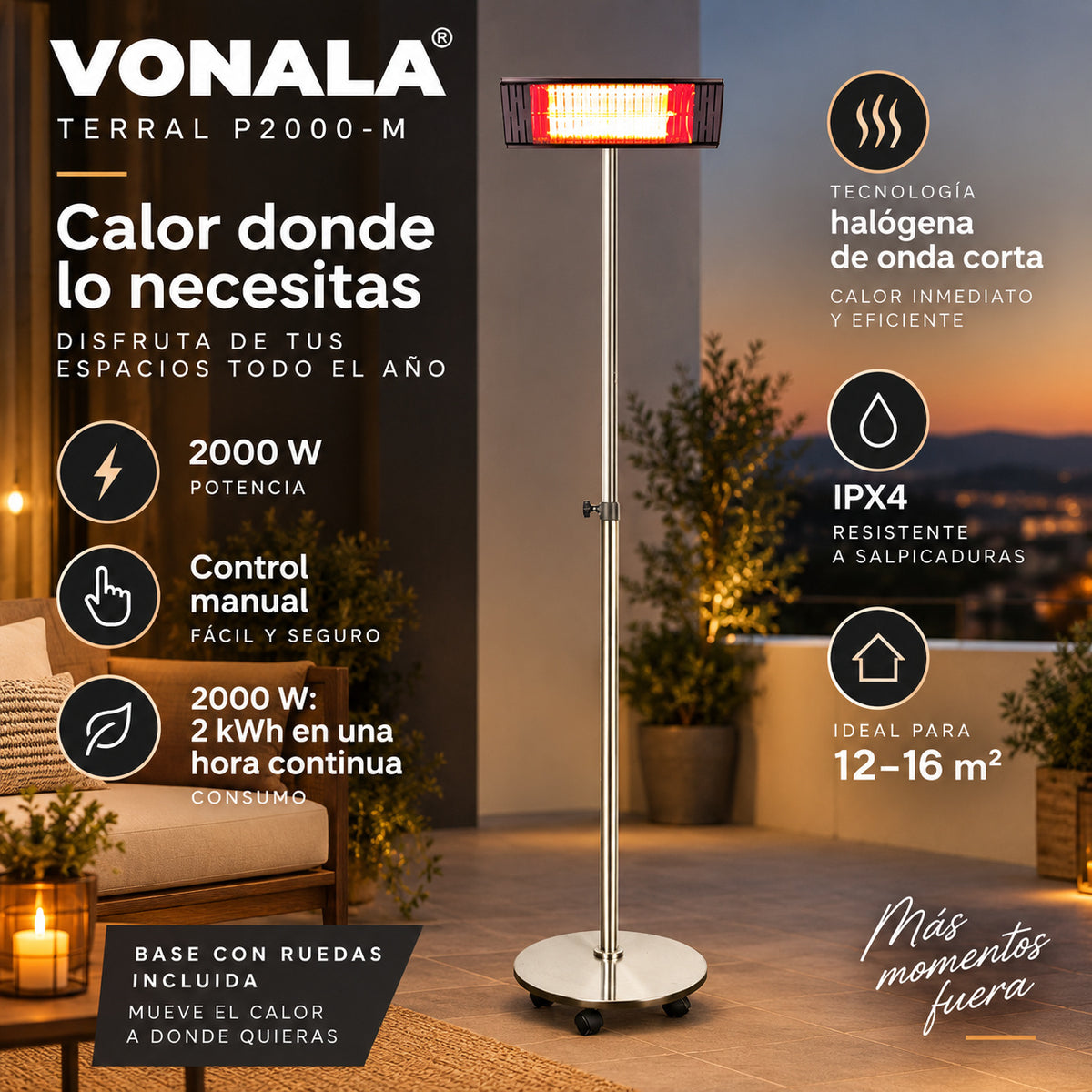 Calefactor Infrarrojo de Pie para Terrazas VONALA TERRAL P2000-M, 2000 W, Baja Luminosidad, IPX4, Base con Ruedas