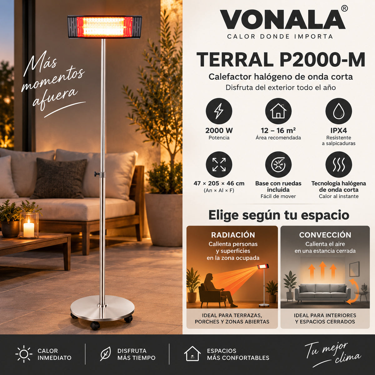 Calefactor Infrarrojo de Pie para Terrazas VONALA TERRAL P2000-M, 2000 W, Baja Luminosidad, IPX4, Base con Ruedas