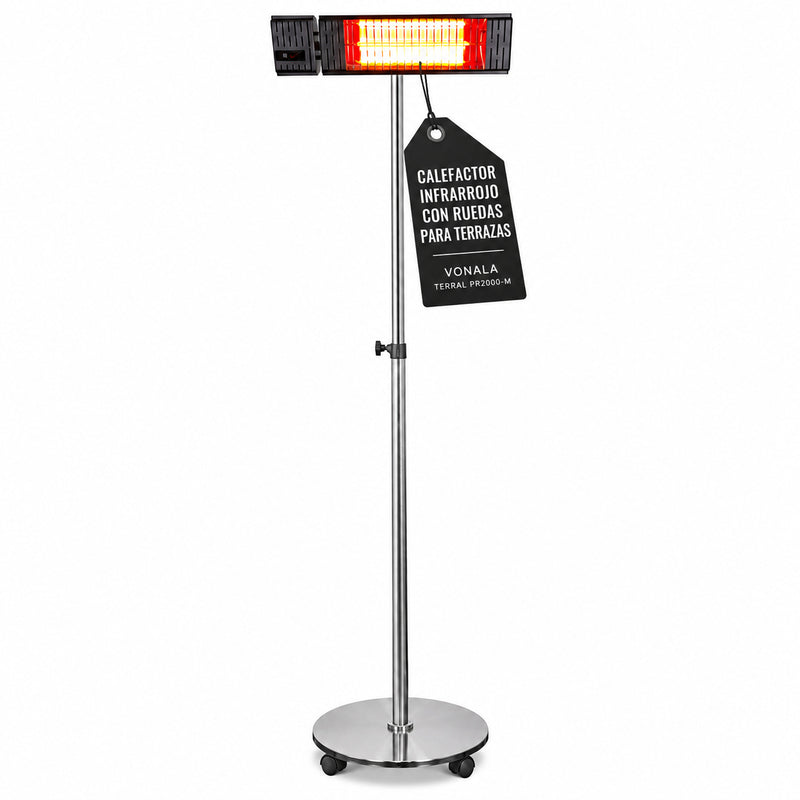 Calefactor Infrarrojo de Pie para Terrazas VONALA TERRAL PR2000-M, 2000 W, Mando a Distancia, IPX4, Base con Ruedas