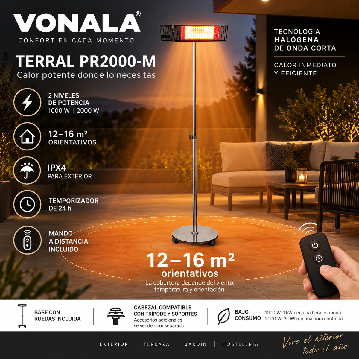Calefactor Infrarrojo de Pie para Terrazas VONALA TERRAL PR2000-M, 2000 W, Mando a Distancia, IPX4, Base con Ruedas