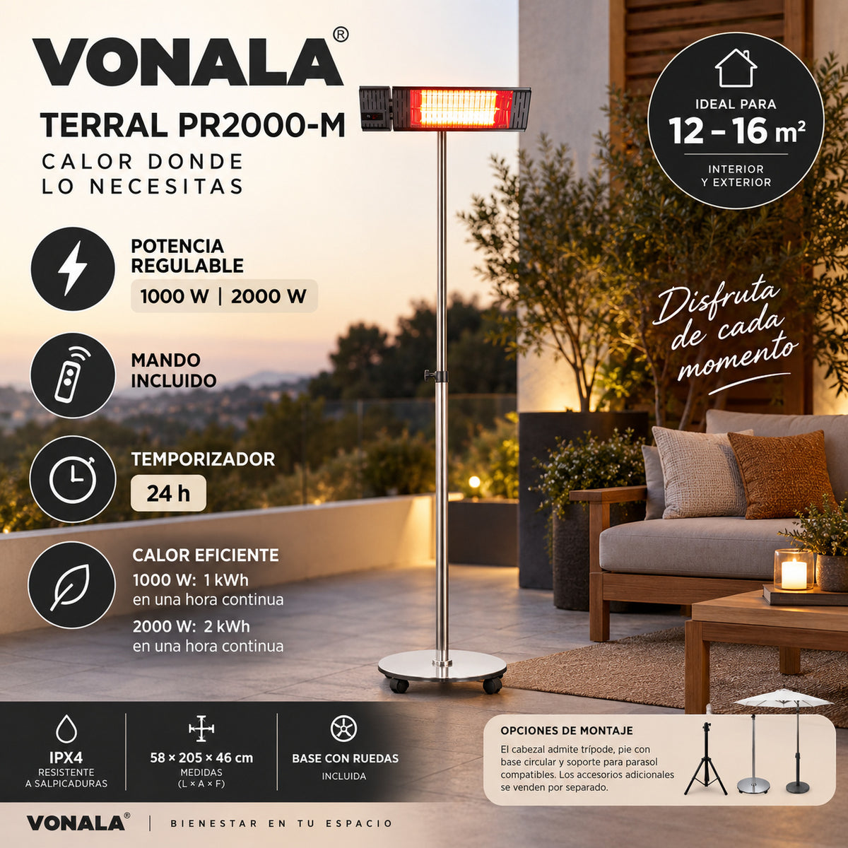 Calefactor Infrarrojo de Pie para Terrazas VONALA TERRAL PR2000-M, 2000 W, Mando a Distancia, IPX4, Base con Ruedas