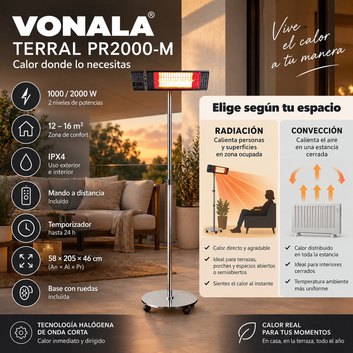 Calefactor Infrarrojo de Pie para Terrazas VONALA TERRAL PR2000-M, 2000 W, Mando a Distancia, IPX4, Base con Ruedas