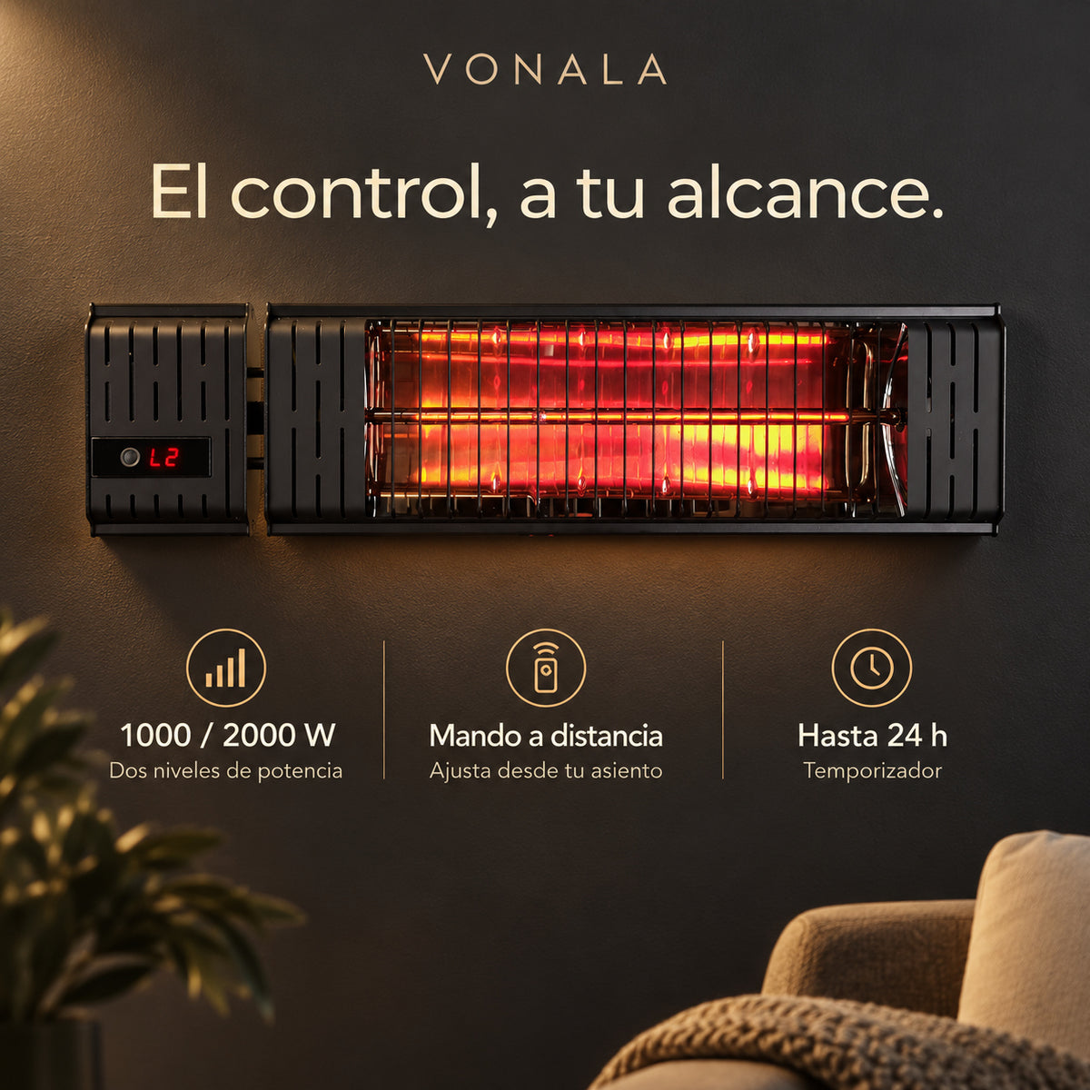 Vonala Power R 2000 W - Calefactor Eléctrico Infrarrojo de Pared con Mando, Estufa Halógena de Onda Corta para Terrazas de Hostelería, Patios y Jardines, Exterior Protegido