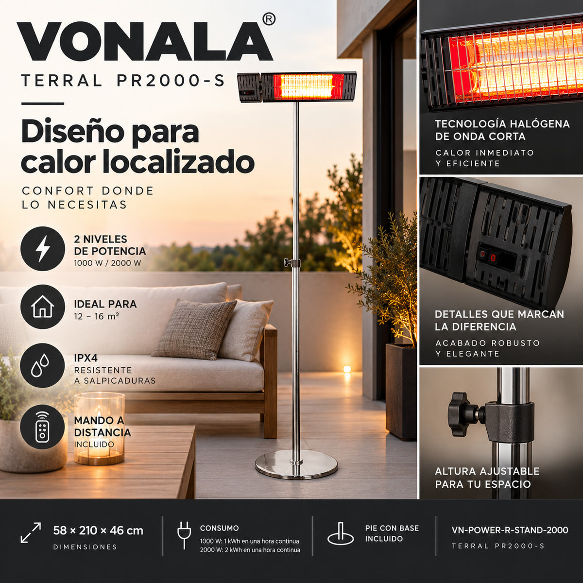 Calefactor Infrarrojo de Pie para Terrazas VONALA TERRAL PR2000-S, 2000 W, Mando a Distancia, IPX4, Base Incluida