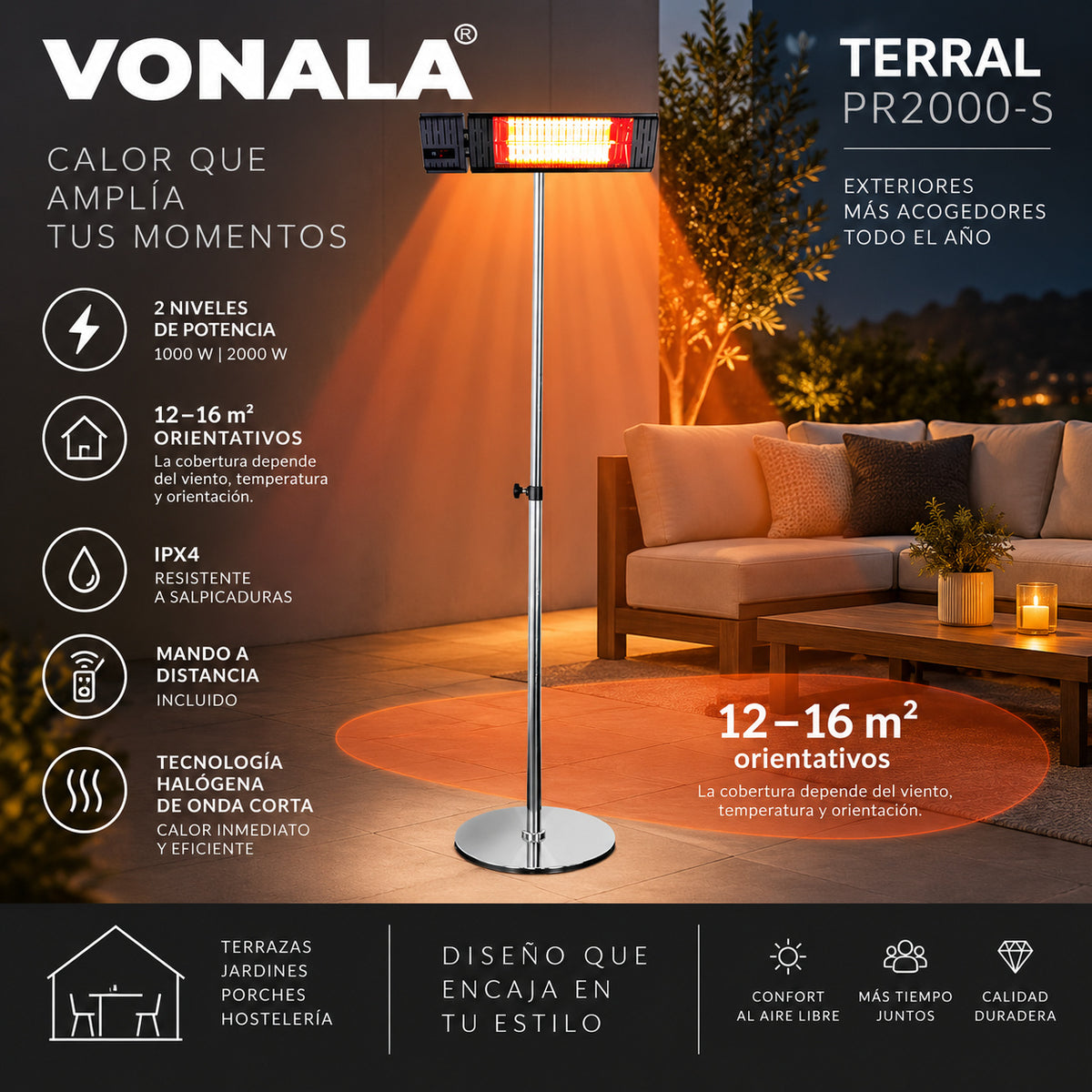 Calefactor Infrarrojo de Pie para Terrazas VONALA TERRAL PR2000-S, 2000 W, Mando a Distancia, IPX4, Base Incluida