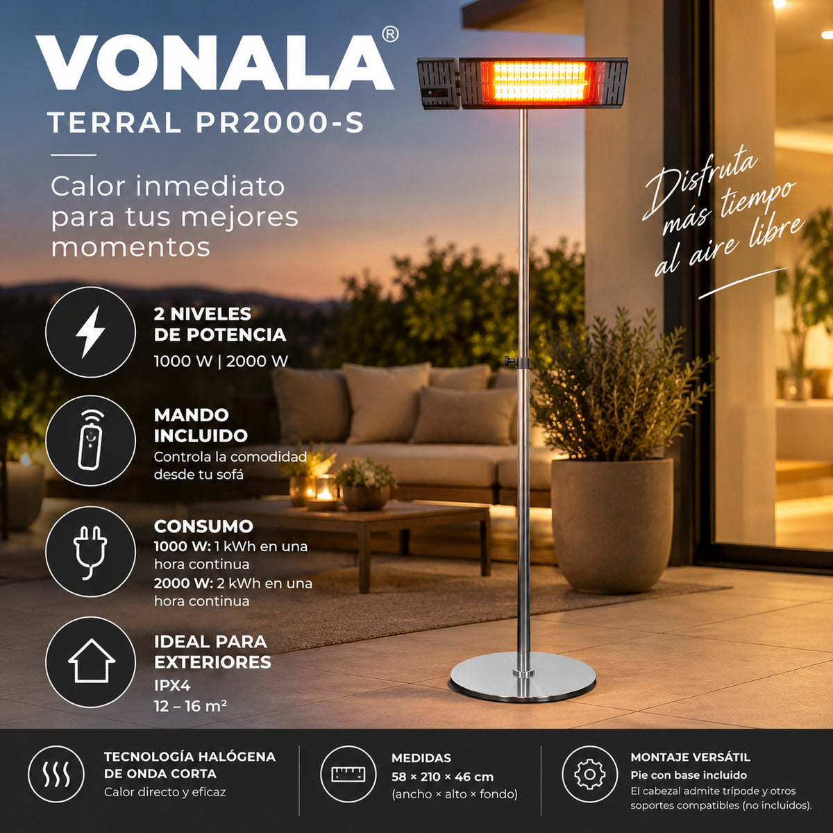 Calefactor Infrarrojo de Pie para Terrazas VONALA TERRAL PR2000-S, 2000 W, Mando a Distancia, IPX4, Base Incluida