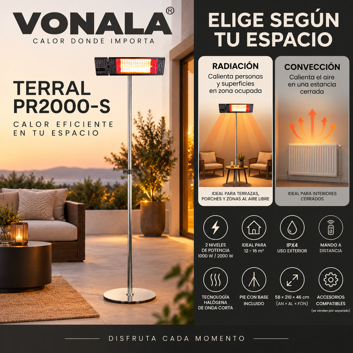 Calefactor Infrarrojo de Pie para Terrazas VONALA TERRAL PR2000-S, 2000 W, Mando a Distancia, IPX4, Base Incluida