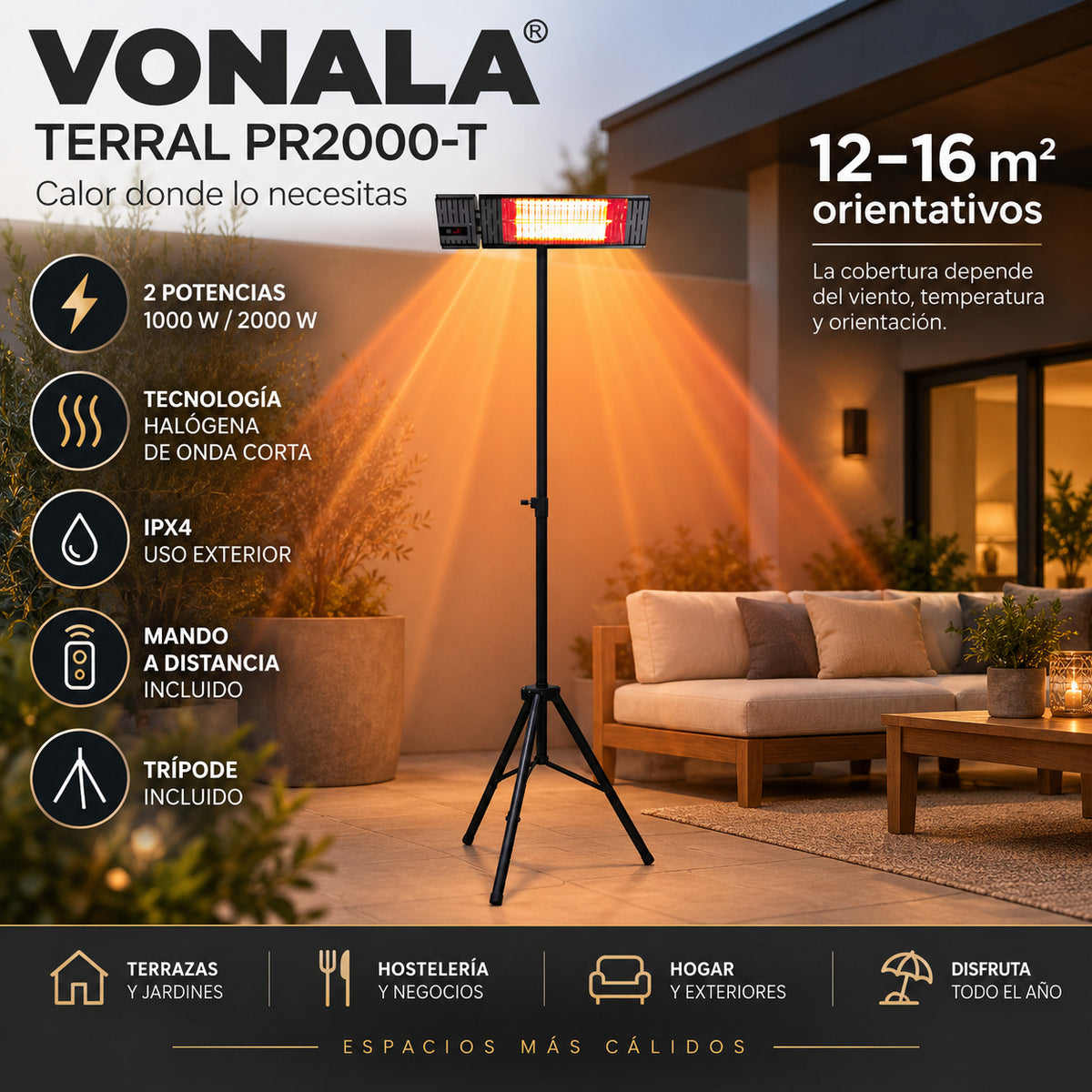 Calefactor Infrarrojo de Pie para Terrazas VONALA TERRAL PR2000-T, 2000 W, Mando a Distancia, IPX4, Trípode Incluido