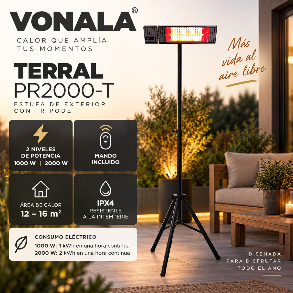 Calefactor Infrarrojo de Pie para Terrazas VONALA TERRAL PR2000-T, 2000 W, Mando a Distancia, IPX4, Trípode Incluido