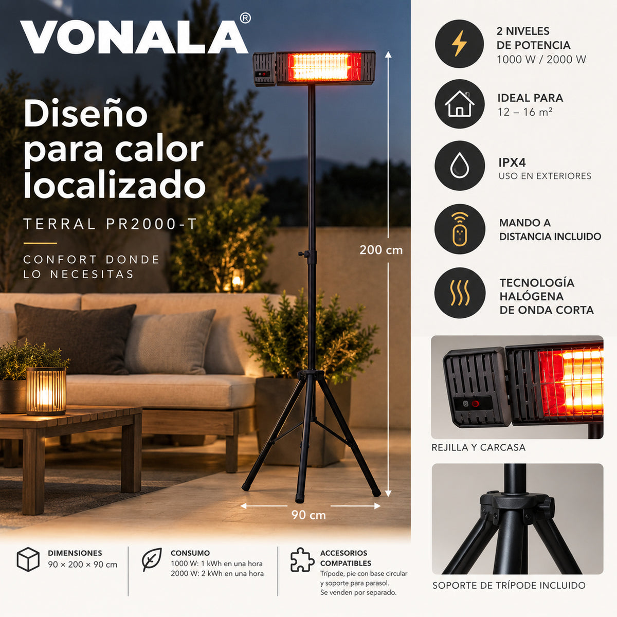 Calefactor Infrarrojo de Pie para Terrazas VONALA TERRAL PR2000-T, 2000 W, Mando a Distancia, IPX4, Trípode Incluido