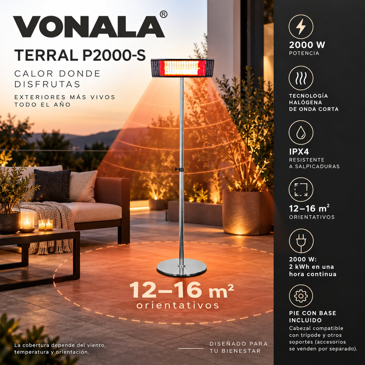 Calefactor Infrarrojo de Pie para Terrazas VONALA TERRAL P2000-S, 2000 W, Baja Luminosidad, IPX4, Base Incluida