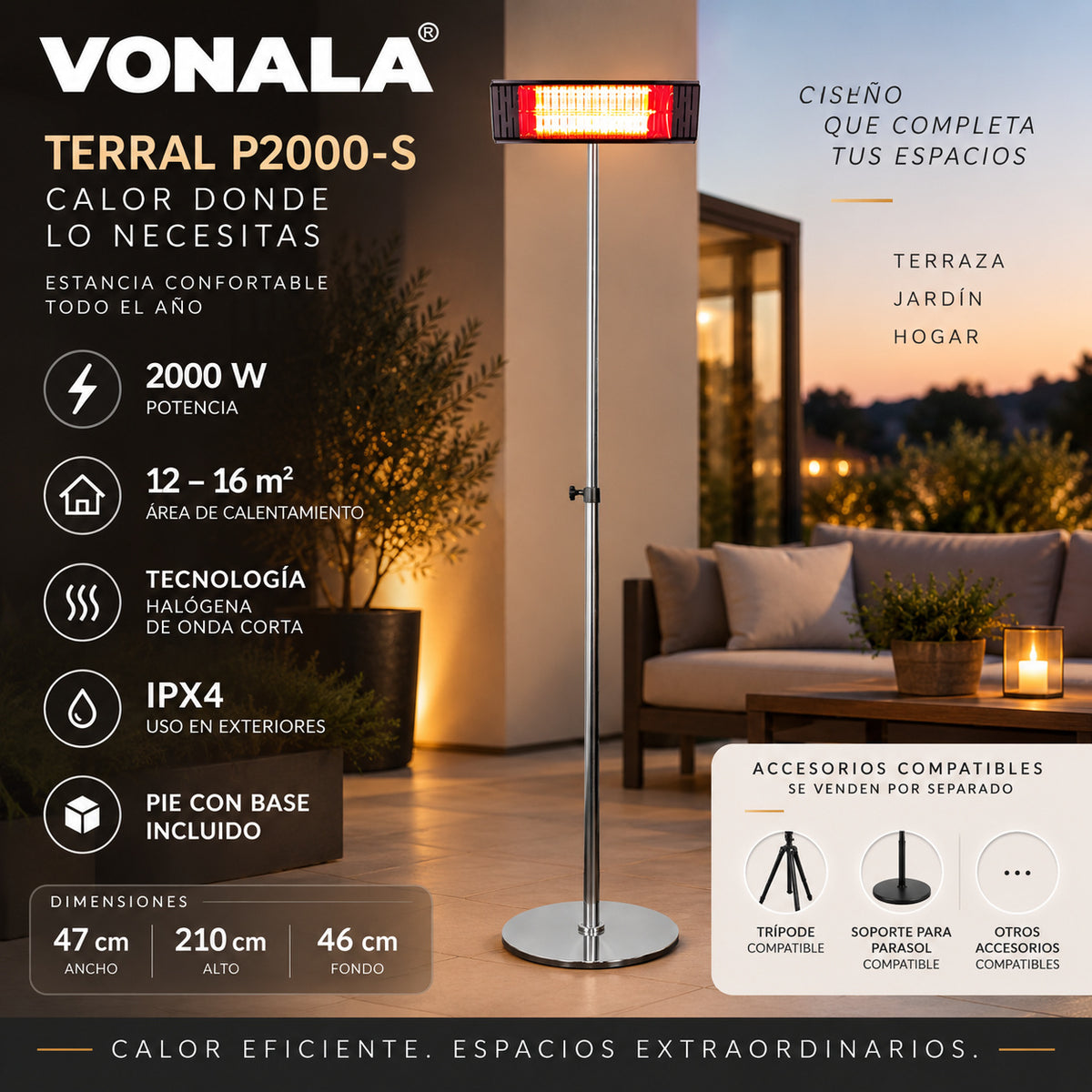 Calefactor Infrarrojo de Pie para Terrazas VONALA TERRAL P2000-S, 2000 W, Baja Luminosidad, IPX4, Base Incluida
