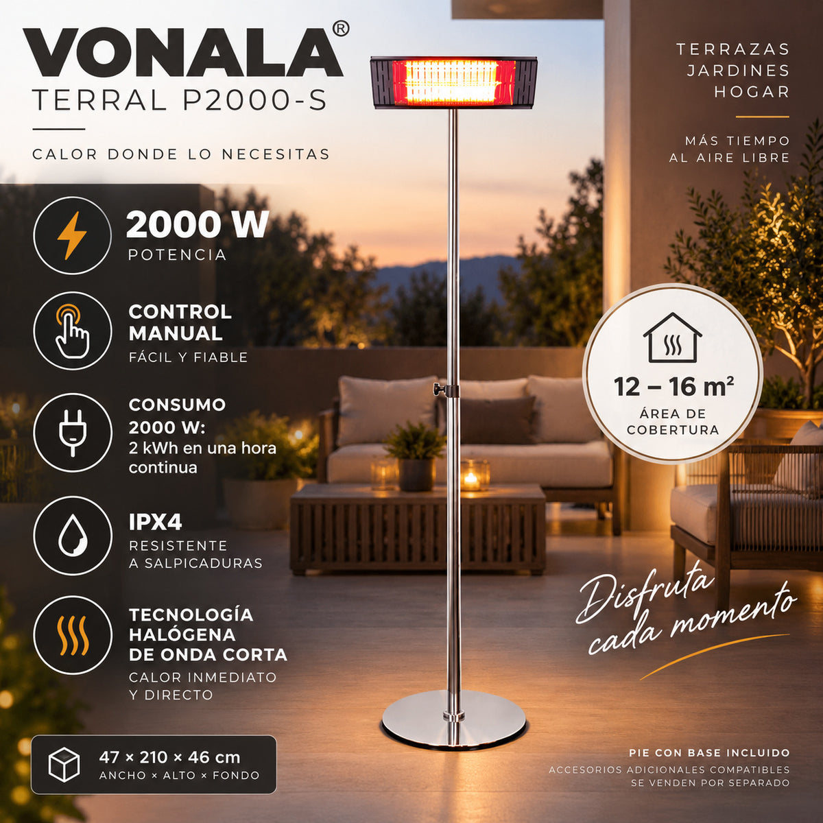 Calefactor Infrarrojo de Pie para Terrazas VONALA TERRAL P2000-S, 2000 W, Baja Luminosidad, IPX4, Base Incluida