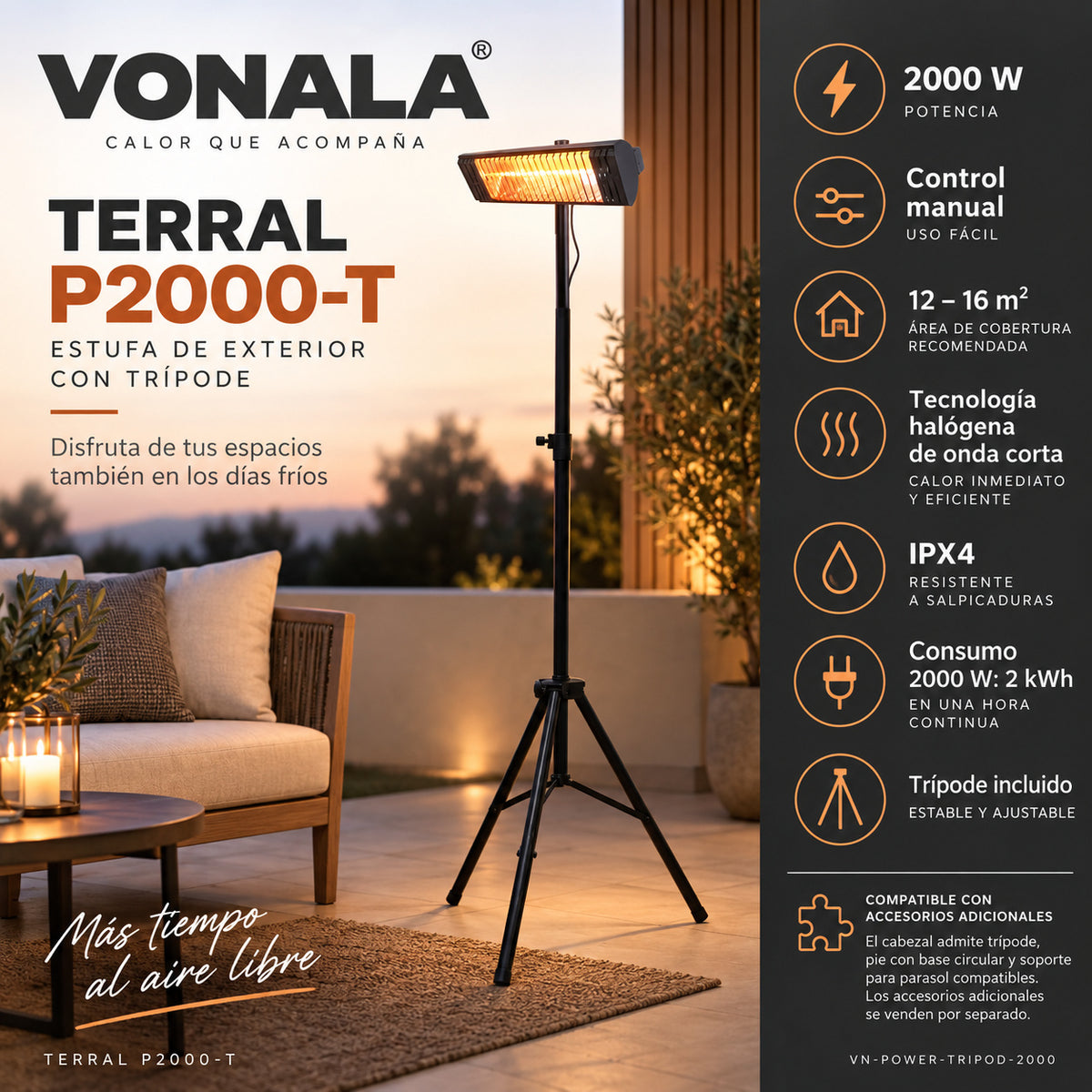 Calefactor Infrarrojo de Pie para Terrazas VONALA TERRAL P2000-T, 2000 W, Baja Luminosidad, IPX4, Trípode Incluido