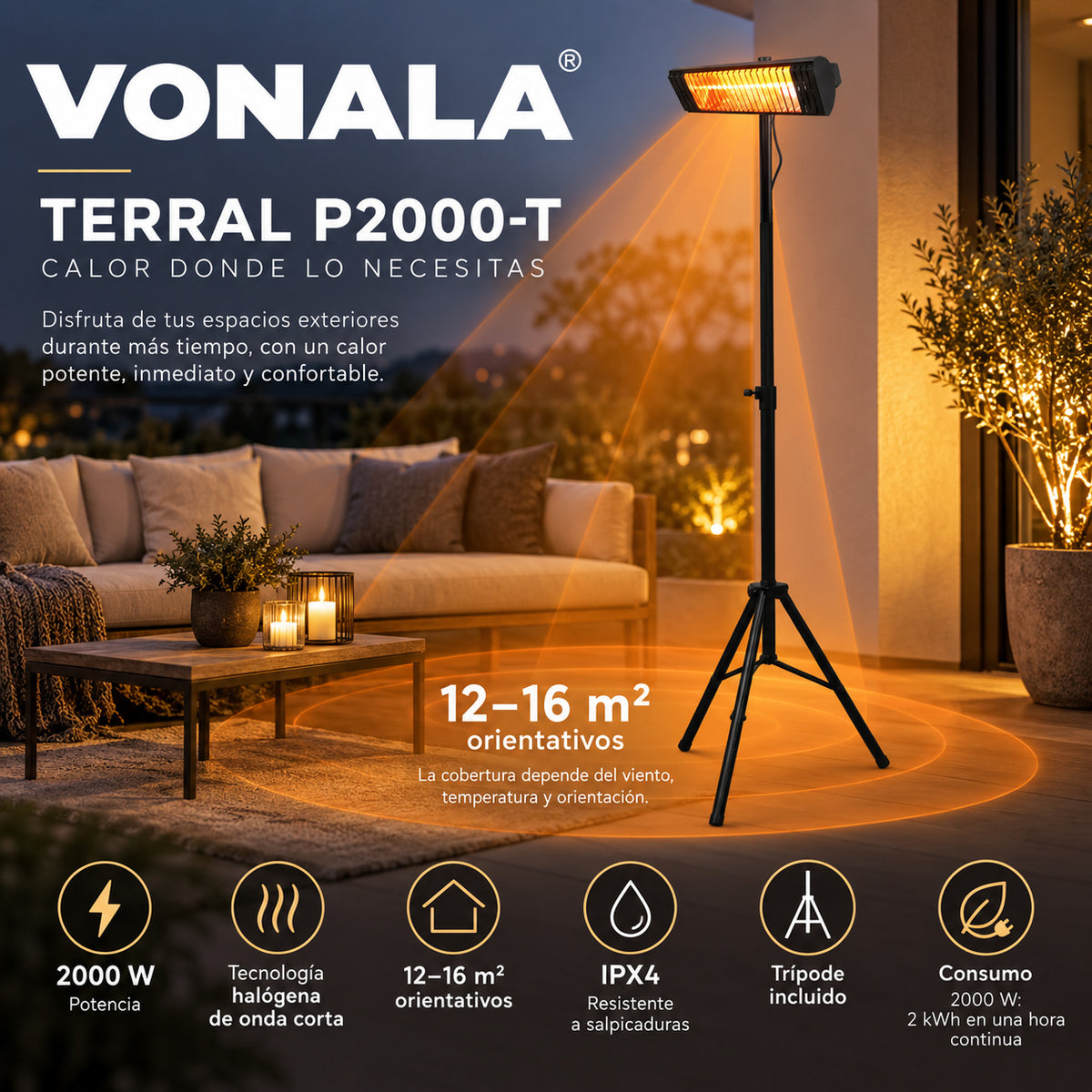 Calefactor Infrarrojo de Pie para Terrazas VONALA TERRAL P2000-T, 2000 W, Baja Luminosidad, IPX4, Trípode Incluido