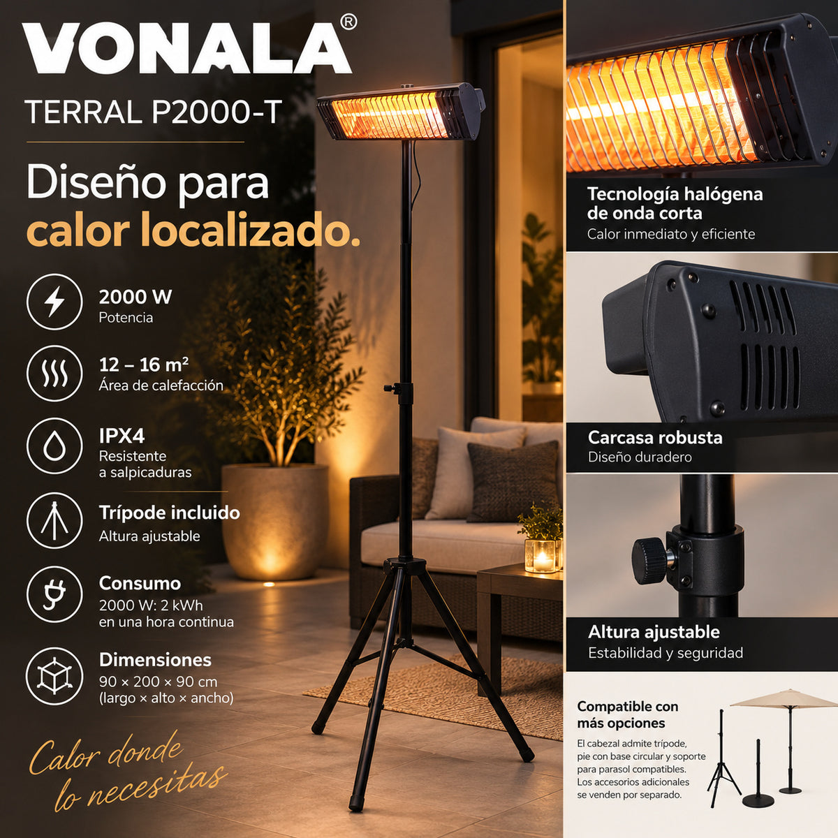 Calefactor Infrarrojo de Pie para Terrazas VONALA TERRAL P2000-T, 2000 W, Baja Luminosidad, IPX4, Trípode Incluido