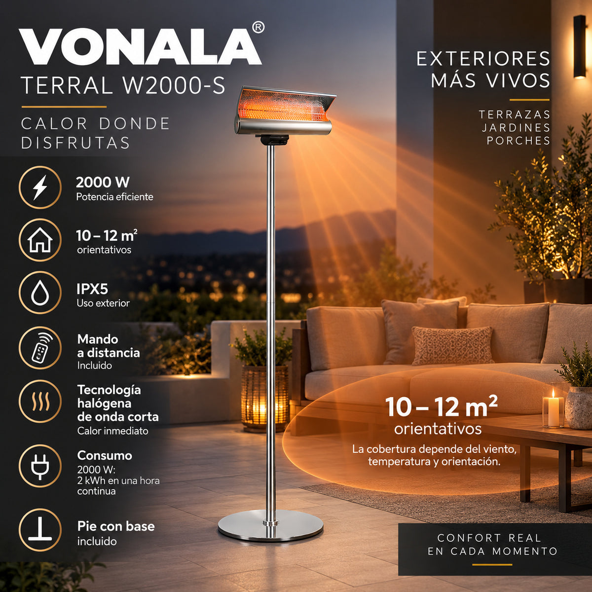 Calefactor Infrarrojo de Pie para Terrazas VONALA TERRAL W2000-S, 2000 W, Mando a Distancia, IPX5, Base Incluida