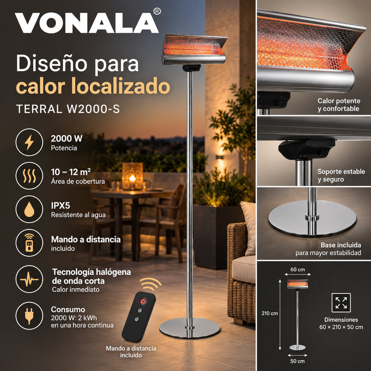 Calefactor Infrarrojo de Pie para Terrazas VONALA TERRAL W2000-S, 2000 W, Mando a Distancia, IPX5, Base Incluida