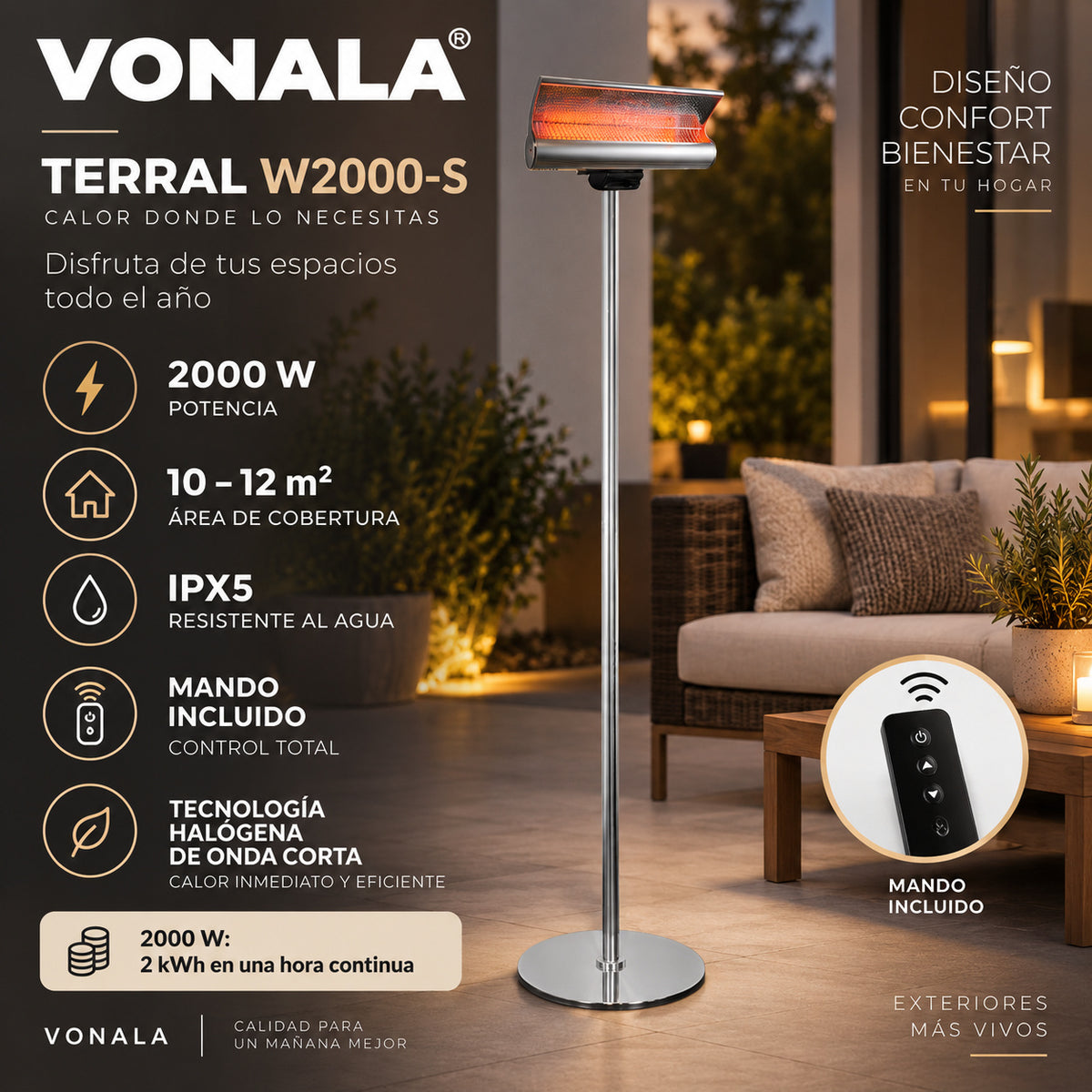 Calefactor Infrarrojo de Pie para Terrazas VONALA TERRAL W2000-S, 2000 W, Mando a Distancia, IPX5, Base Incluida