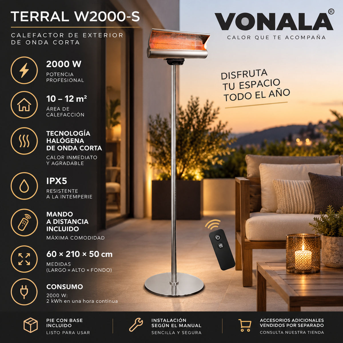 Calefactor Infrarrojo de Pie para Terrazas VONALA TERRAL W2000-S, 2000 W, Mando a Distancia, IPX5, Base Incluida